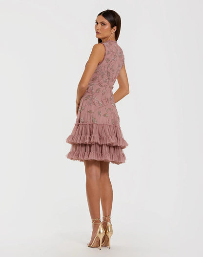 Mac Duggal Pink High Neck Sleeveless Beaded Dress With Ruffled Hem