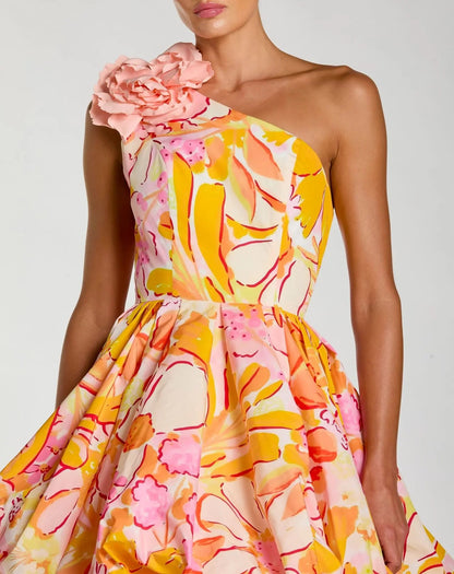 Mac Duggal Multicolor One Shoulder Bubble Hem Faille Mini Dress