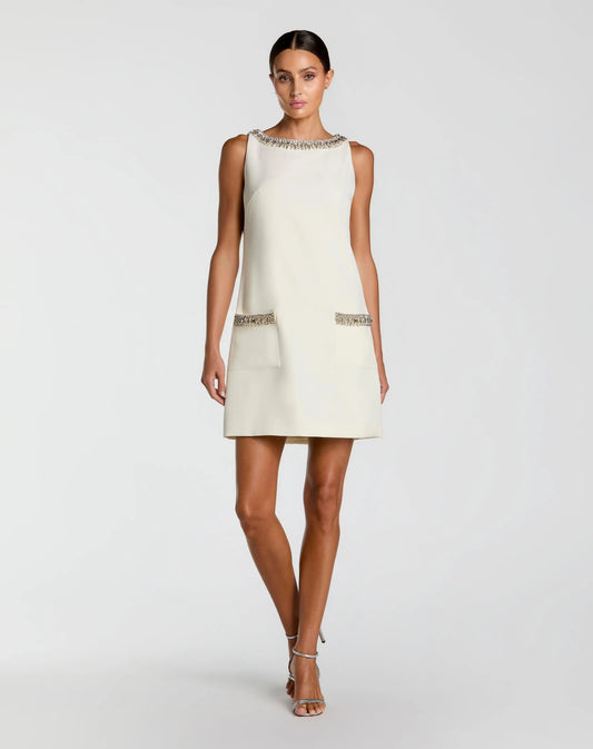 Mac Duggal Ivory Sleeveless Shift Mini Dress with Rhinestone Trim