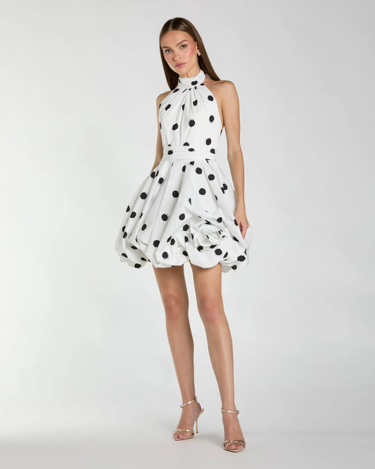 Mac Duggal White Polka Dot Halter Mini Dress With 3D Rose