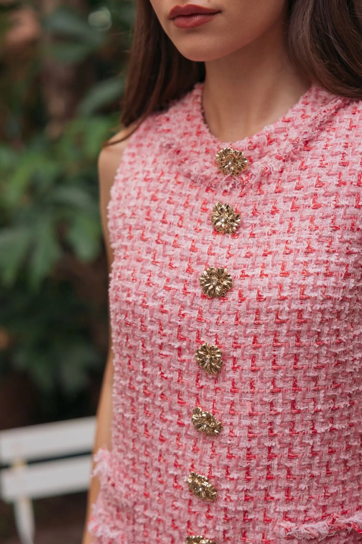 Mac Duggal Pink Boucle Sleeveless Mini Dress with Gold Buttons