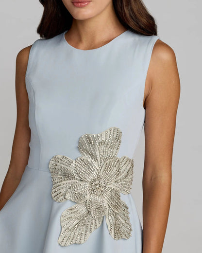 Mac Duggal Blue Crepe Sleeveless Mini Dress With Rhinestone Flower