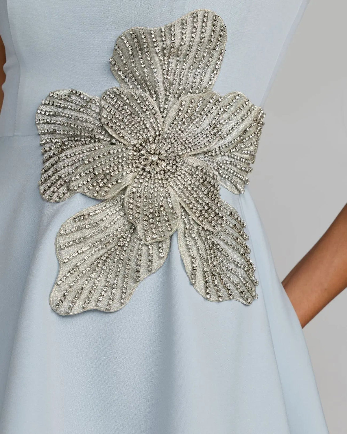 Mac Duggal Blue Crepe Sleeveless Mini Dress With Rhinestone Flower