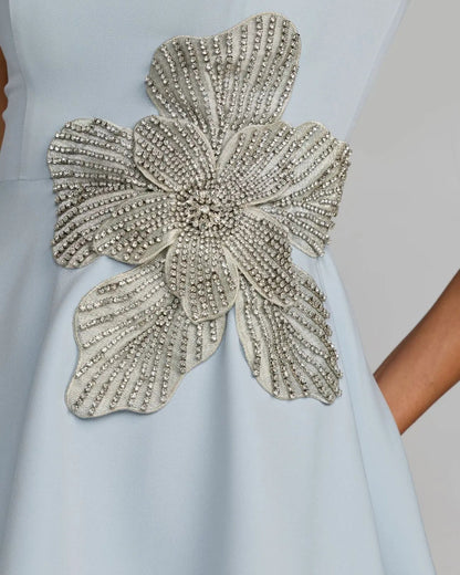 Mac Duggal Blue Crepe Sleeveless Mini Dress With Rhinestone Flower