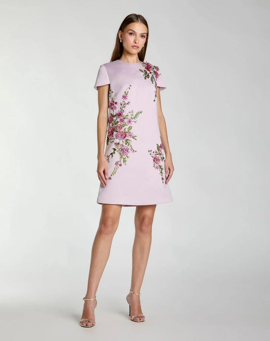 Mac Duggal Purple Cap Sleeve Embroidered Satin Mini Dress