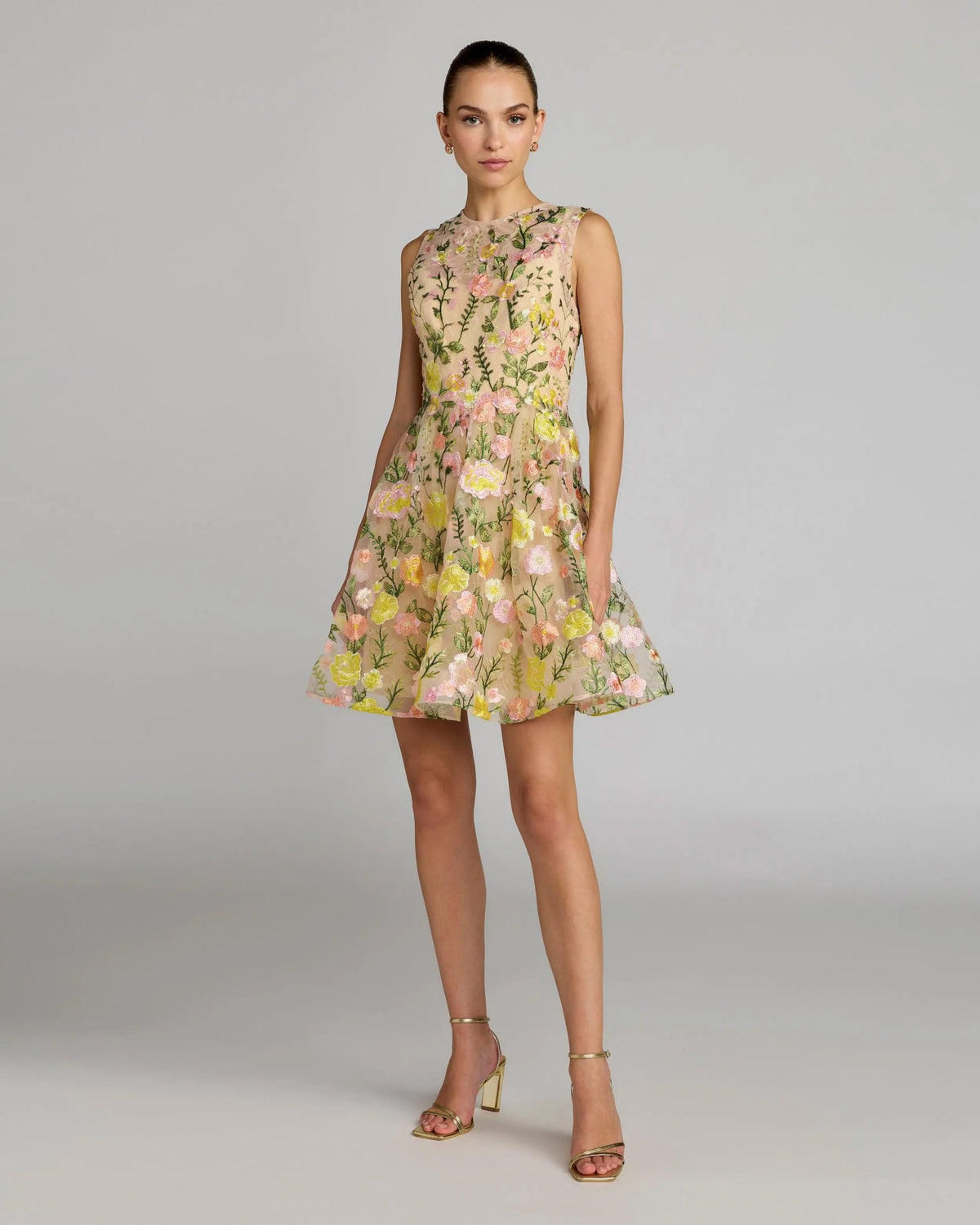 Mac Duggal Yellow Floral Embroidered Sleeveless A-Line Mini Dress