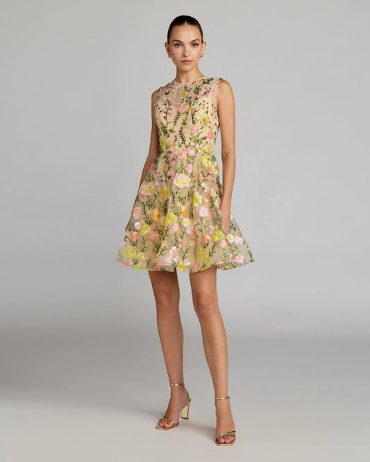Mac Duggal Yellow Floral Embroidered Sleeveless A-Line Mini Dress