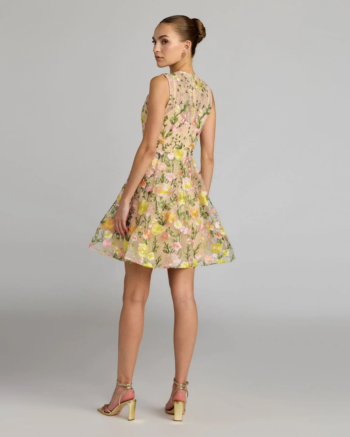 Mac Duggal Yellow Floral Embroidered Sleeveless A-Line Mini Dress