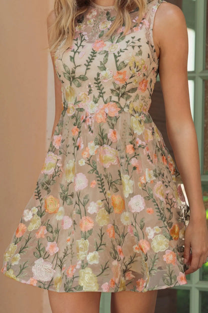 Mac Duggal Yellow Floral Embroidered Sleeveless A-Line Mini Dress