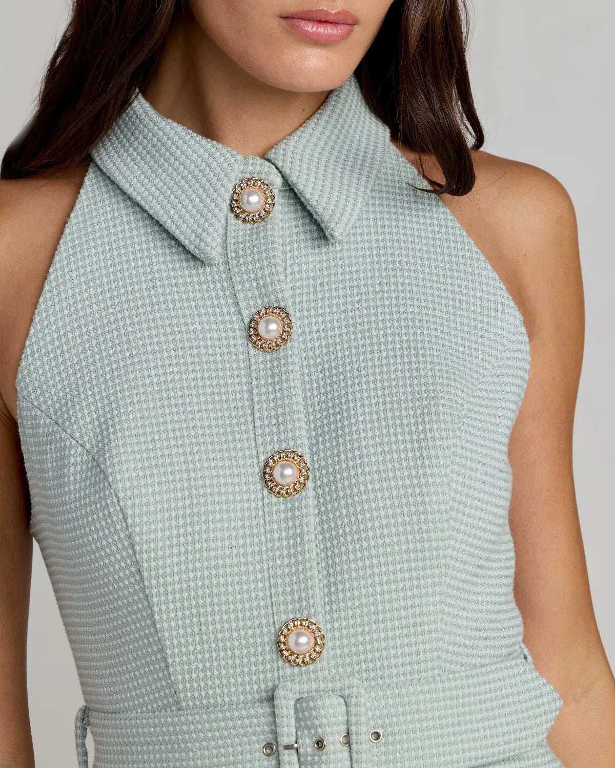 Mac Duggal Blue Pleated A Line Mini Dress with Pearl Button Detail