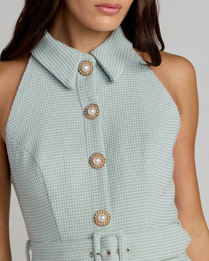 Mac Duggal Blue Pleated A Line Mini Dress with Pearl Button Detail