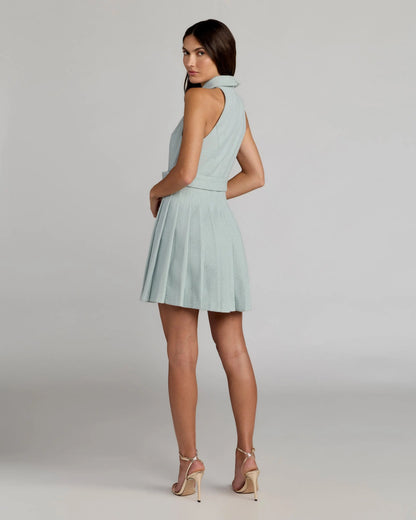 Mac Duggal Blue Pleated A Line Mini Dress with Pearl Button Detail