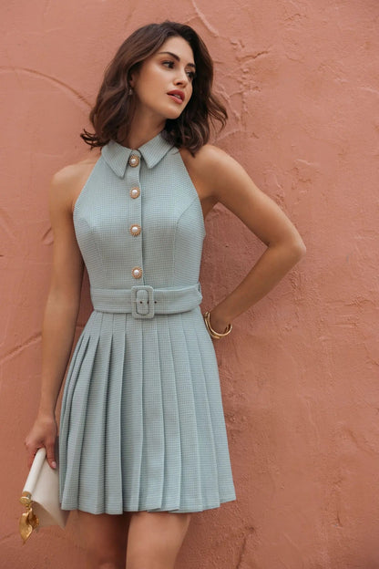 Mac Duggal Blue Pleated A Line Mini Dress with Pearl Button Detail