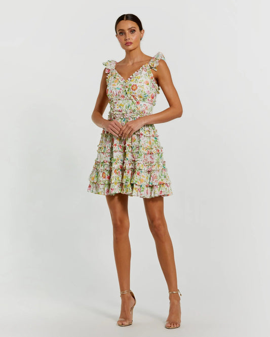 Mac Duggal White Floral Tiered Ruffle Mini Dress