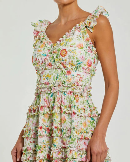 Mac Duggal White Floral Tiered Ruffle Mini Dress