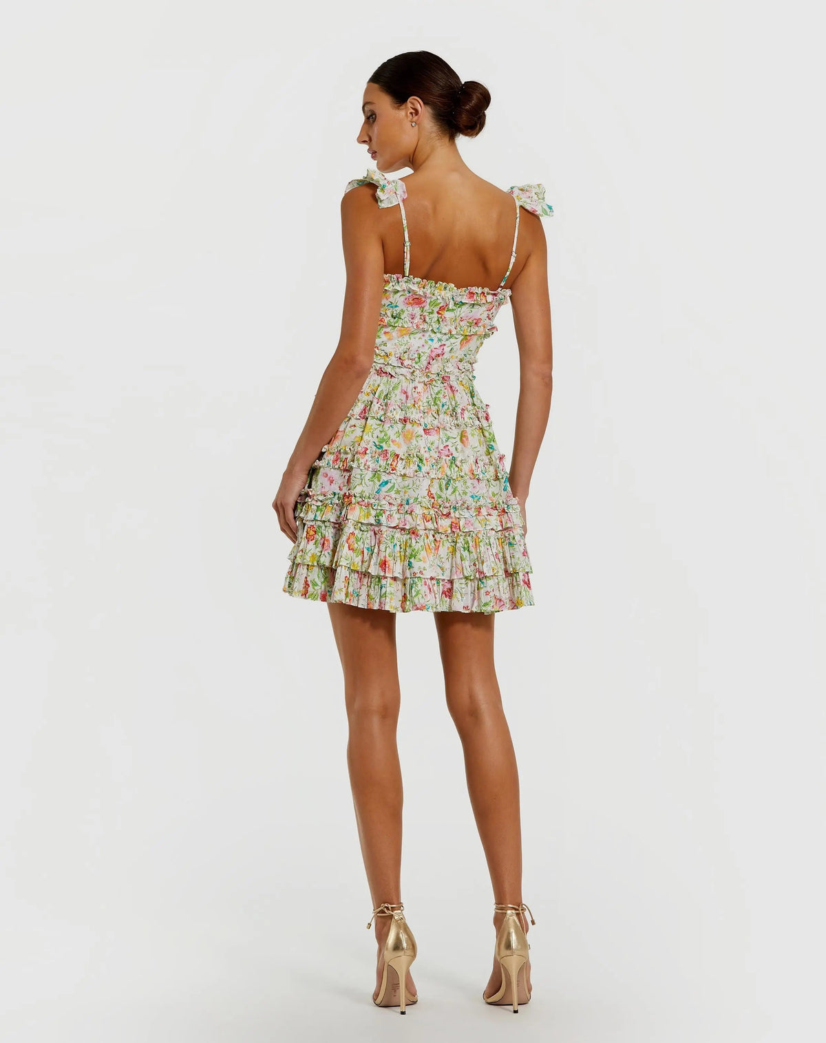 Mac Duggal White Floral Tiered Ruffle Mini Dress