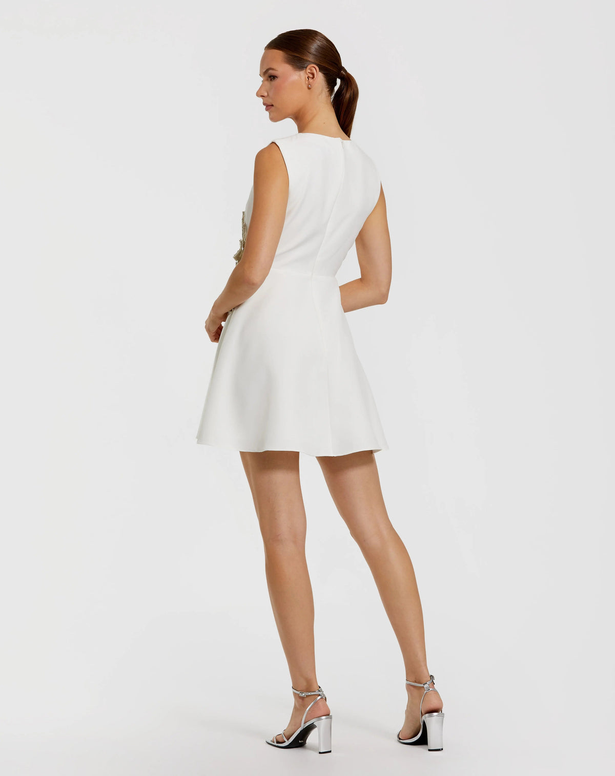 Mac Duggal White Sleeveless Crepe Mini Dress With Rhinestone Flower