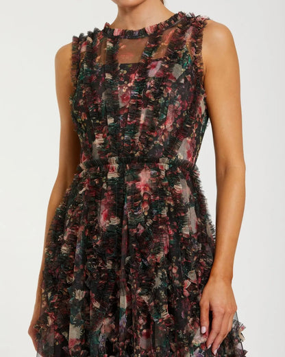 Mac Duggal Black Multicolor Micro Ruffle Floral A-Line Mini Dress