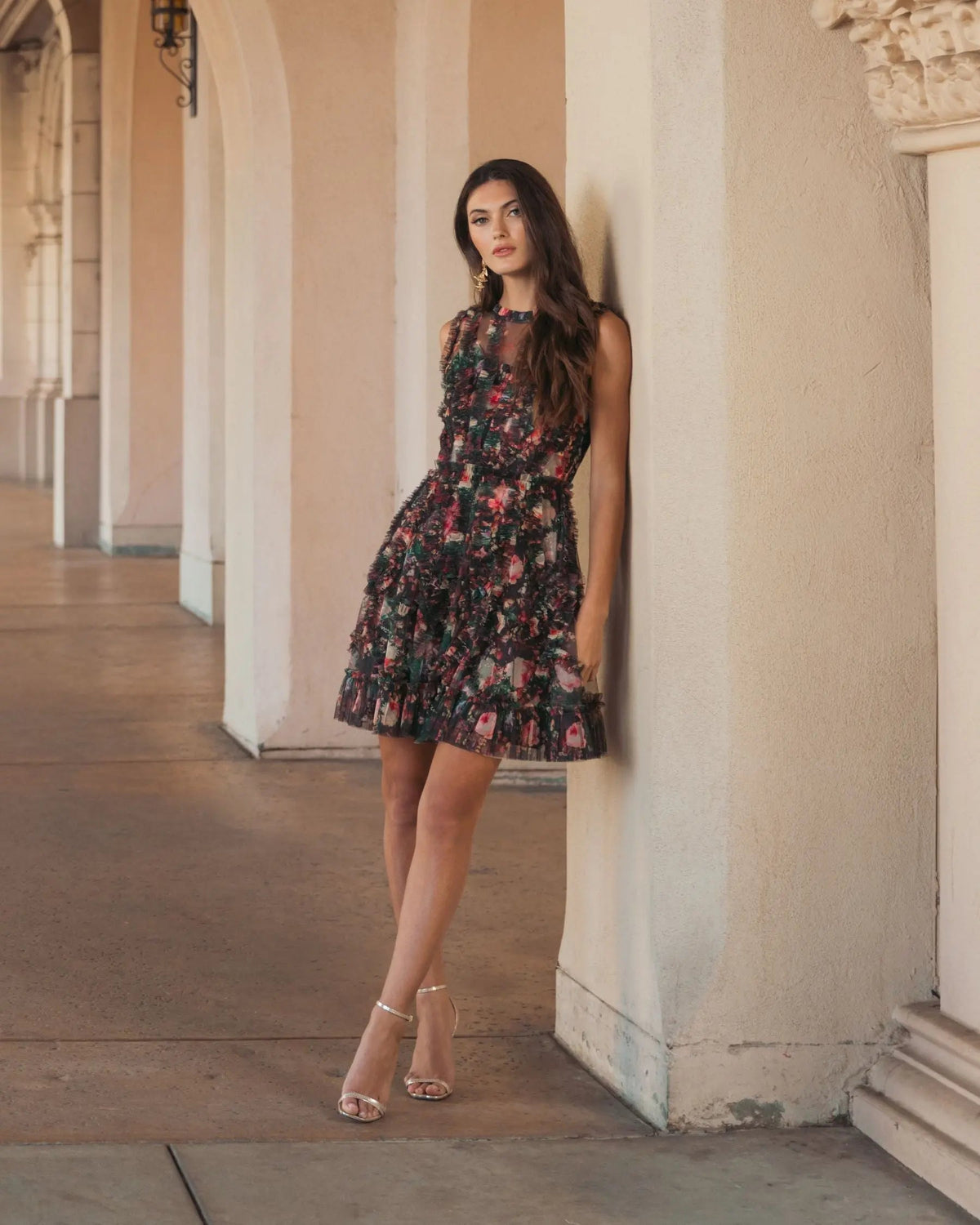 Mac Duggal Black Multicolor Micro Ruffle Floral A-Line Mini Dress