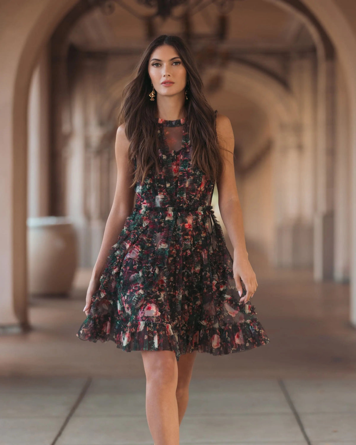 Mac Duggal Black Multicolor Micro Ruffle Floral A-Line Mini Dress