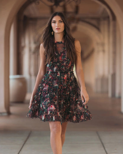 Mac Duggal Black Multicolor Micro Ruffle Floral A-Line Mini Dress
