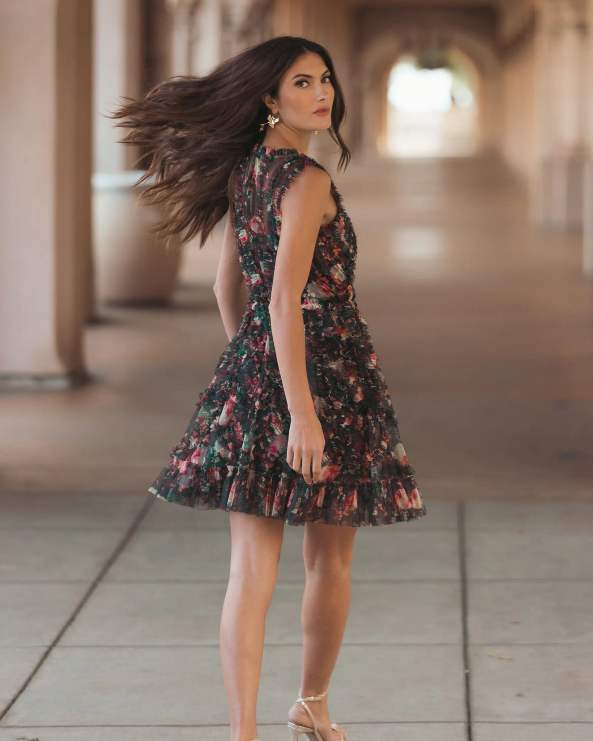Mac Duggal Black Multicolor Micro Ruffle Floral A-Line Mini Dress