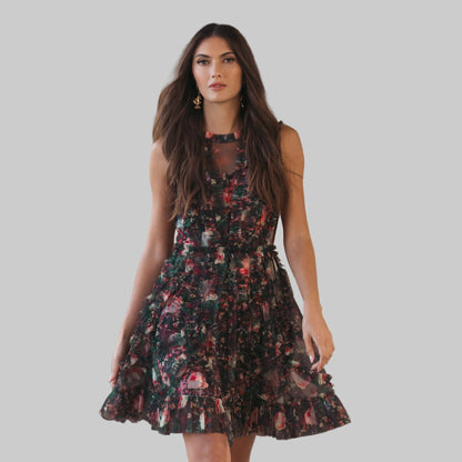 Mac Duggal Black Multicolor Micro Ruffle Floral A-Line Mini Dress