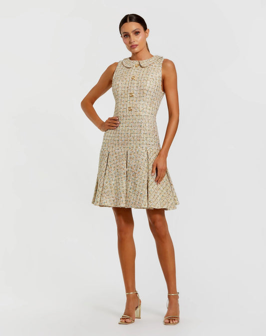Mac Duggal Gold Sleeveless Boucle Mini Dress with Pleats