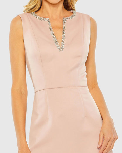 Mac Duggal Pink Rhinestone Embellished V-Neck Mini Dress