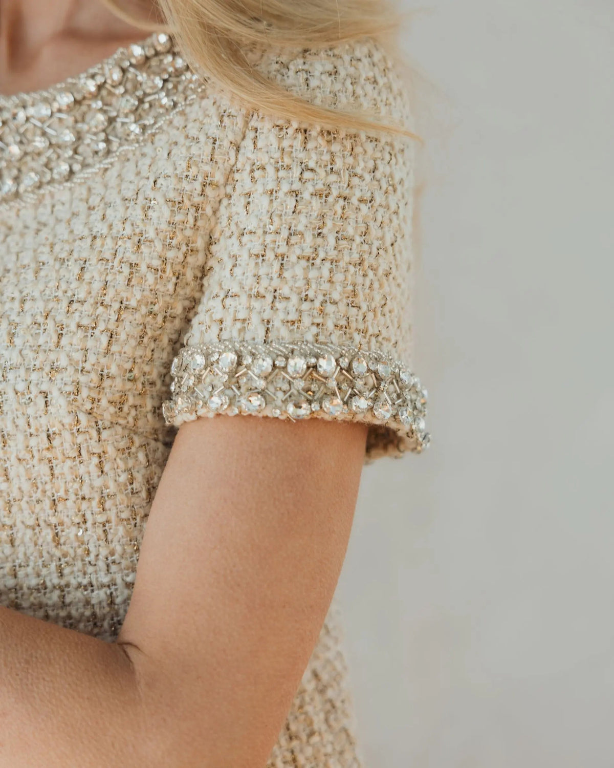 Mac Duggal Ivory Short Sleeve Embellished Boucle Mini Dress