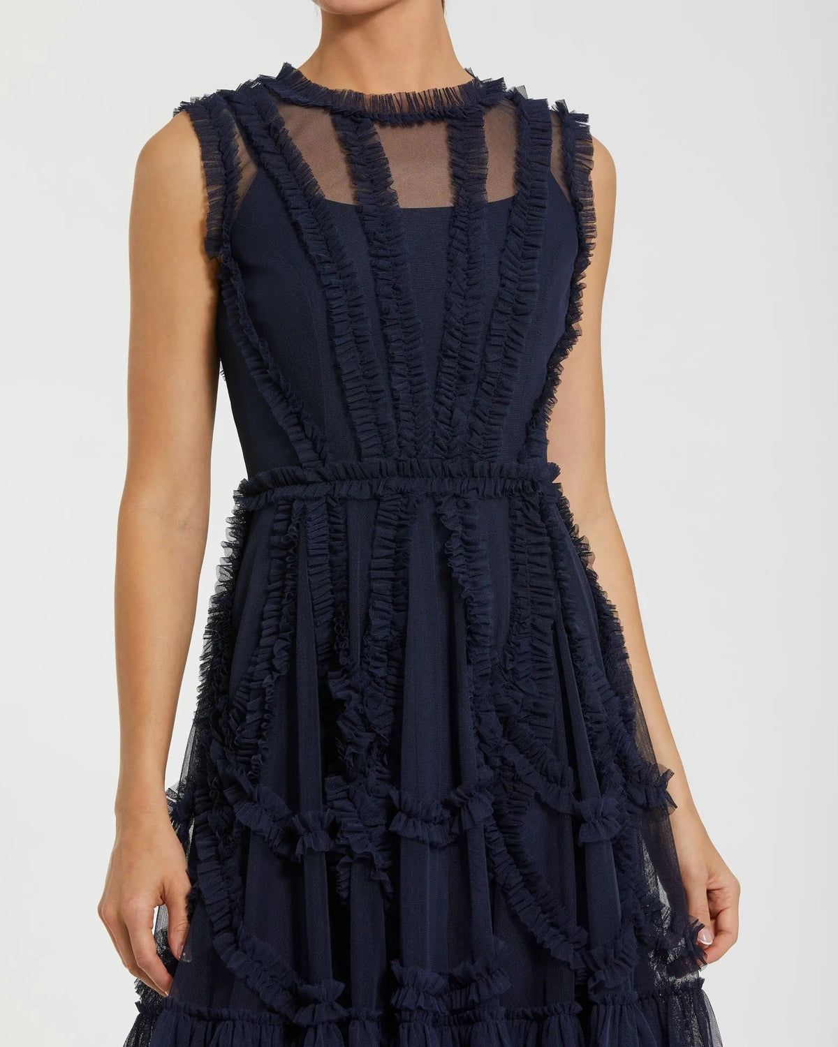 Mac Duggal Navy High Neck Sleeveless Micro Ruffle Mini Dress