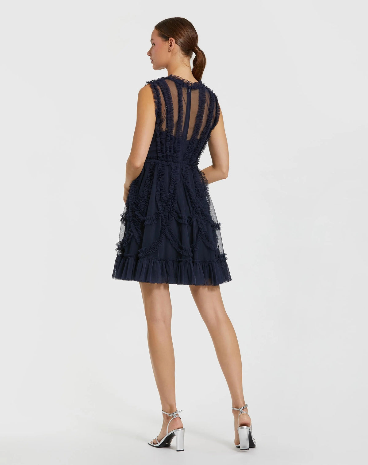 Mac Duggal Navy High Neck Sleeveless Micro Ruffle Mini Dress