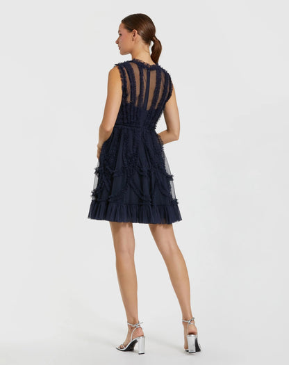 Mac Duggal Navy High Neck Sleeveless Micro Ruffle Mini Dress
