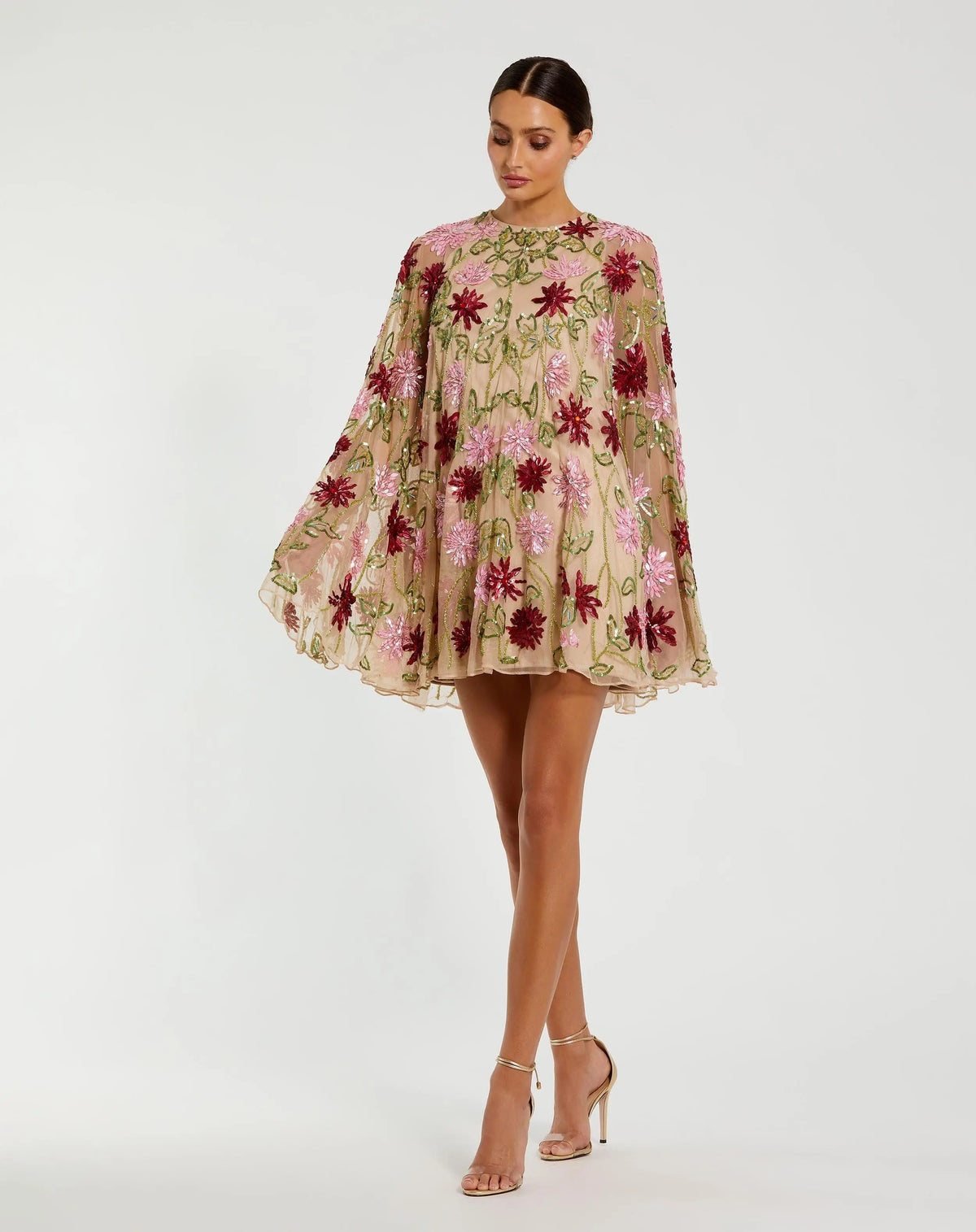 Mac Duggal Beige Floral Embellished Cape Mini Dress