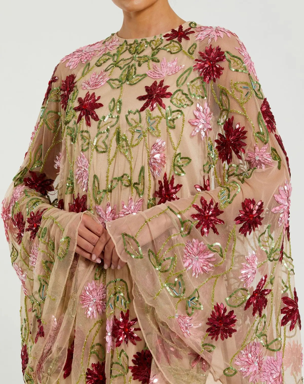 Mac Duggal Beige Floral Embellished Cape Mini Dress