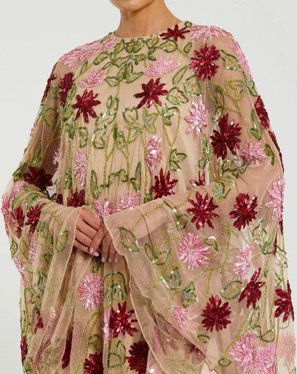 Mac Duggal Beige Floral Embellished Cape Mini Dress