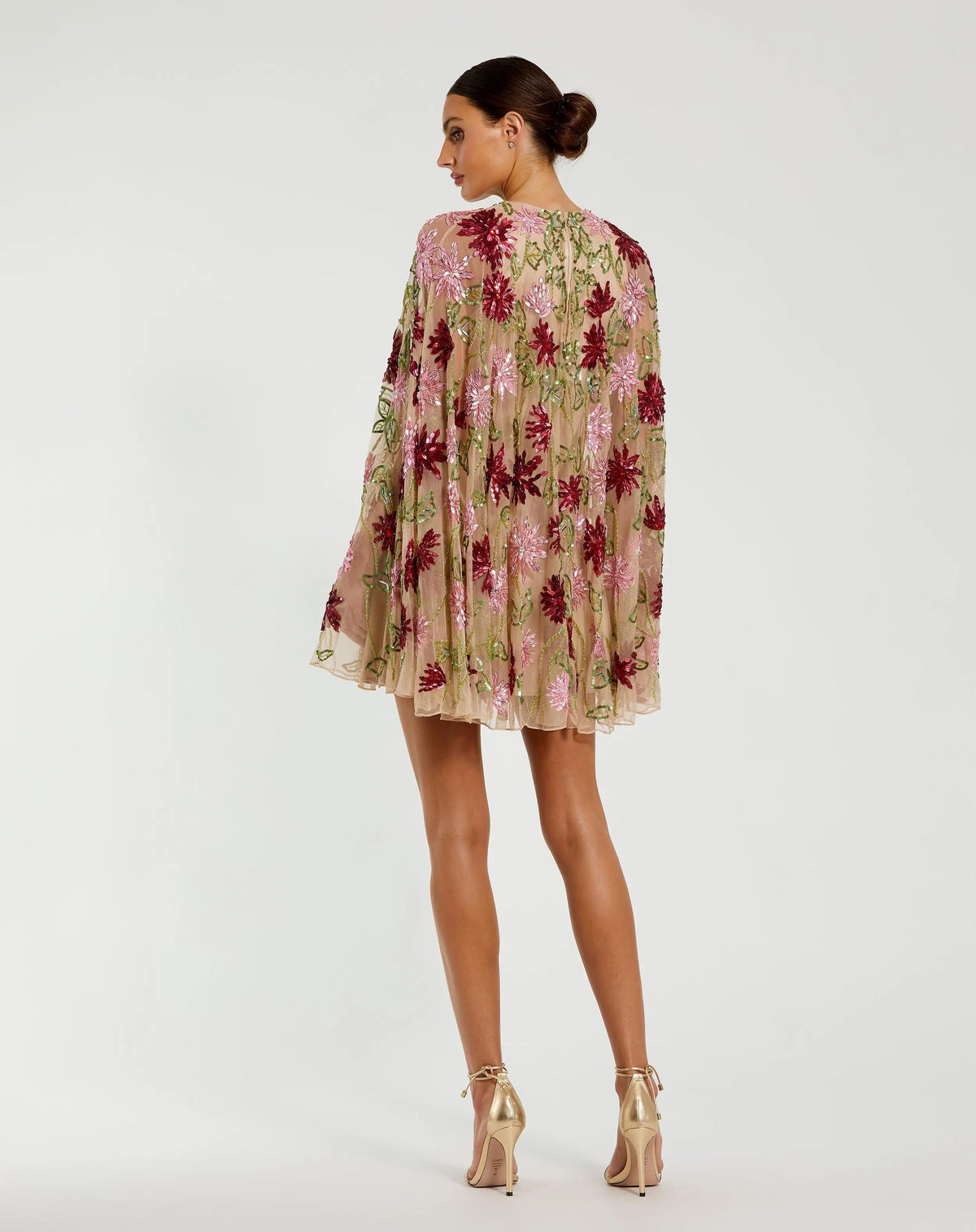 Mac Duggal Beige Floral Embellished Cape Mini Dress