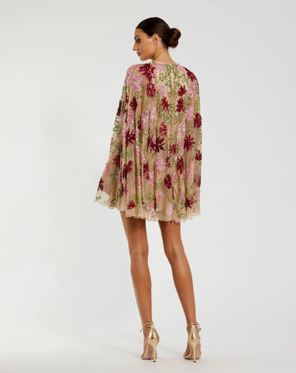 Mac Duggal Beige Floral Embellished Cape Mini Dress