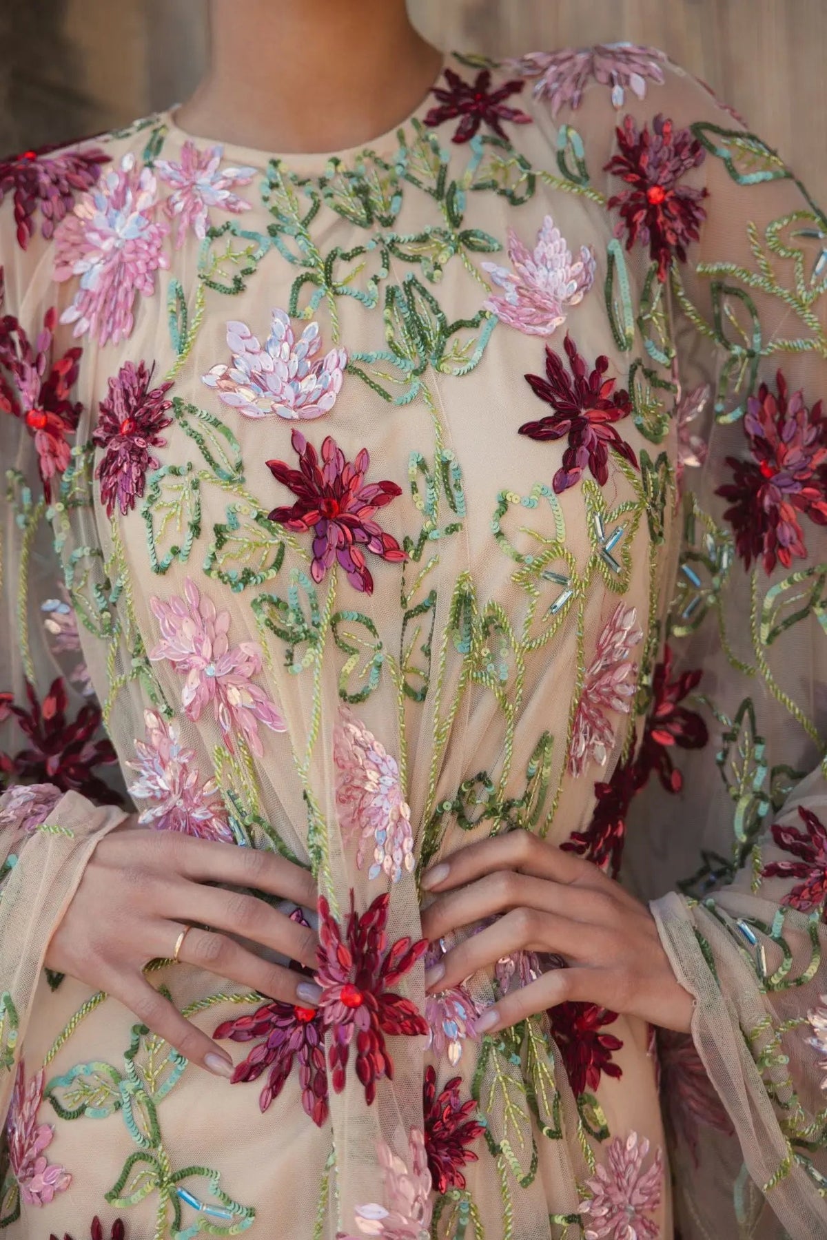 Mac Duggal Beige Floral Embellished Cape Mini Dress