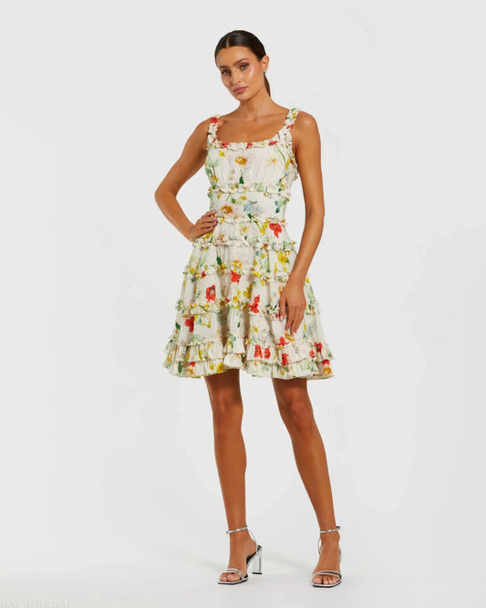 Mac Duggal Ivory Floral Square Neck Ruffle Mini Dress