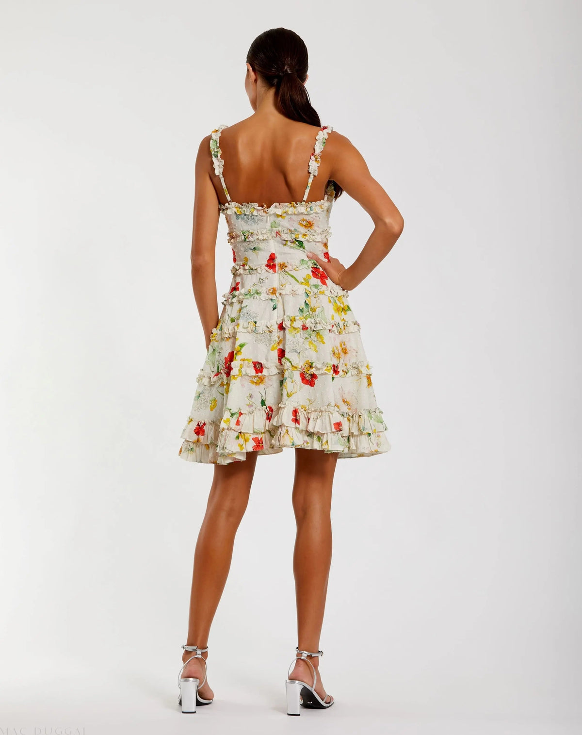 Mac Duggal Ivory Floral Square Neck Ruffle Mini Dress