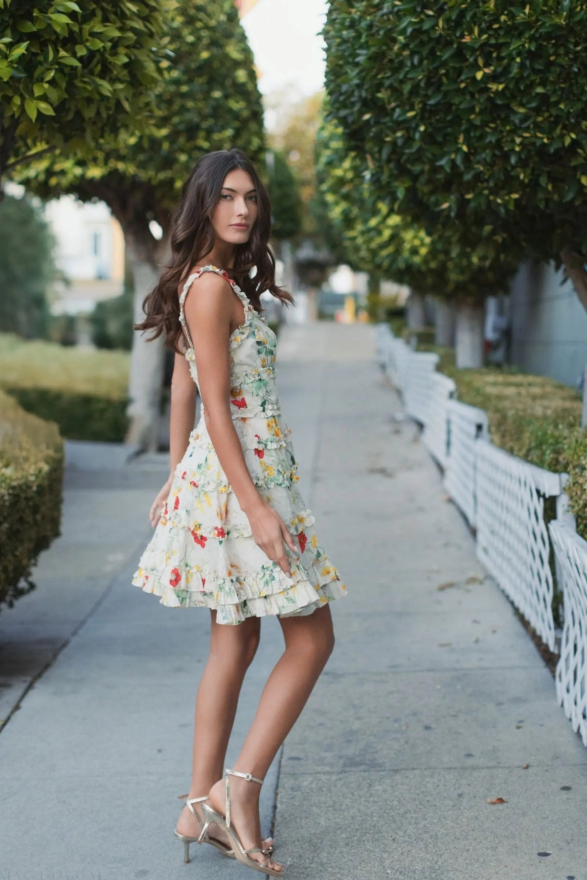 Mac Duggal Ivory Floral Square Neck Ruffle Mini Dress