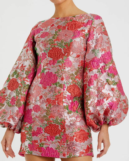 Mac Duggal Pink Brocade Balloon Sleeve Mini Dress