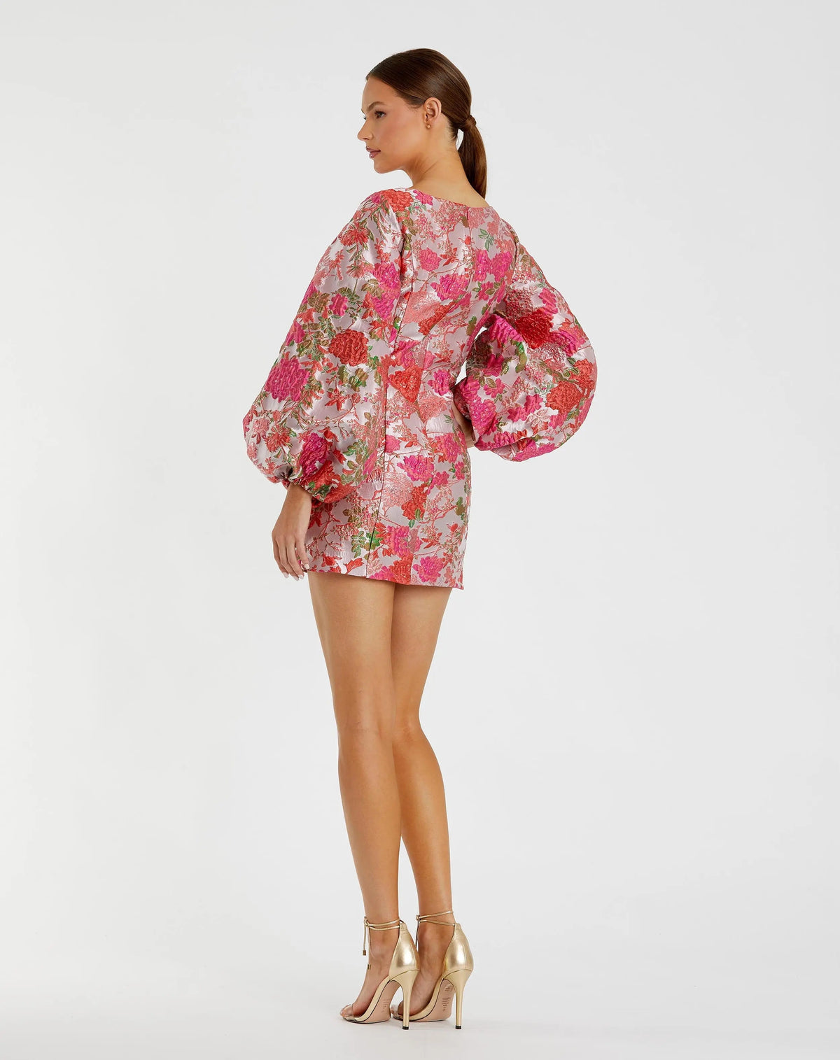 Mac Duggal Pink Brocade Balloon Sleeve Mini Dress