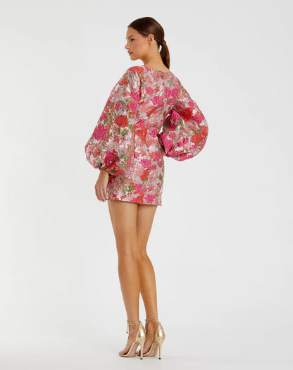 Mac Duggal Pink Brocade Balloon Sleeve Mini Dress