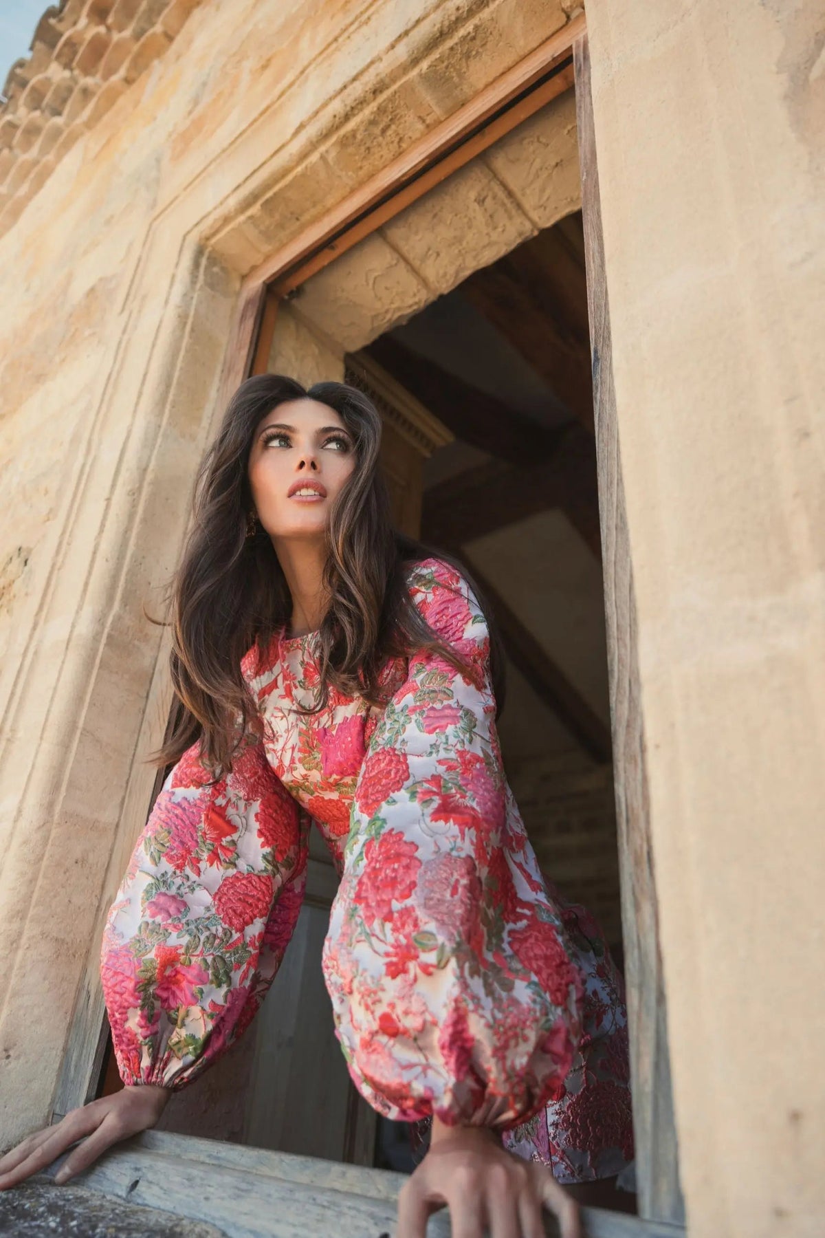 Mac Duggal Pink Brocade Balloon Sleeve Mini Dress