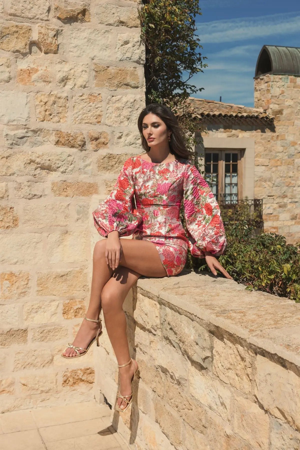 Mac Duggal Pink Brocade Balloon Sleeve Mini Dress