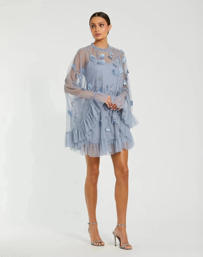 Mac Duggal Blue Embellished Long Sleeve Trapeze Dress with Ruffle Hem