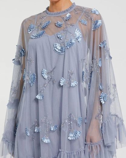 Mac Duggal Blue Embellished Long Sleeve Trapeze Dress with Ruffle Hem
