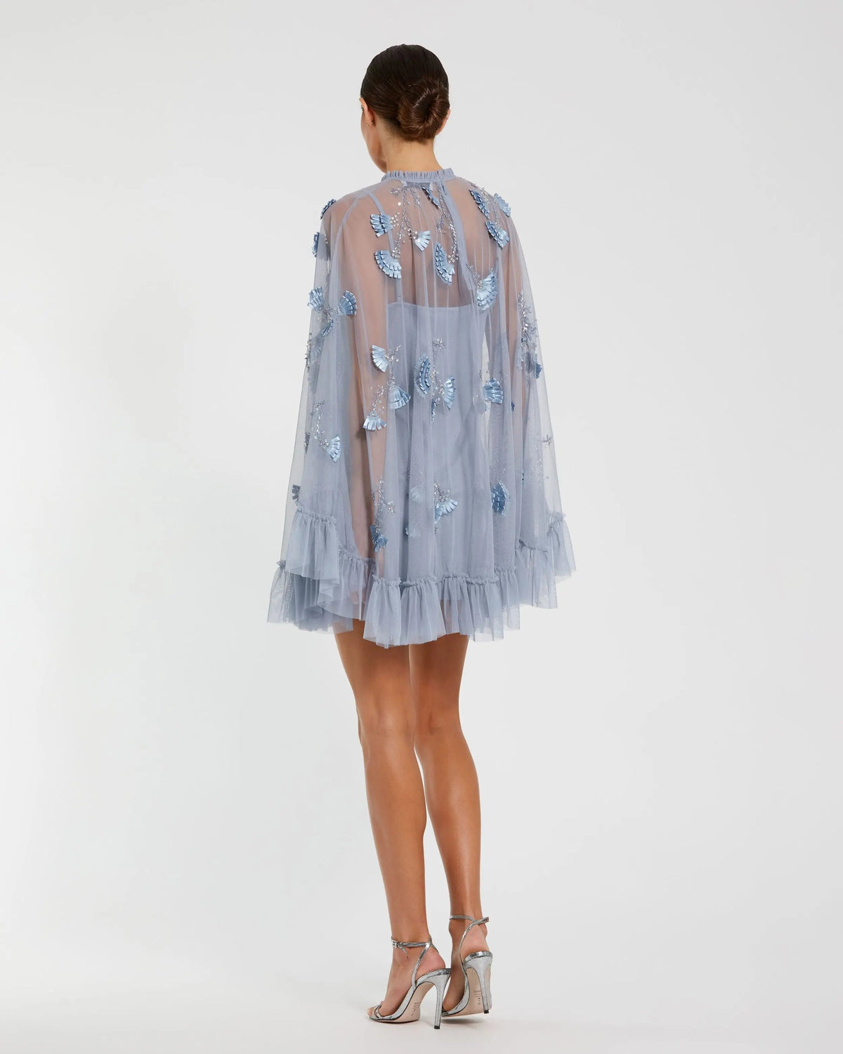 Mac Duggal Blue Embellished Long Sleeve Trapeze Dress with Ruffle Hem